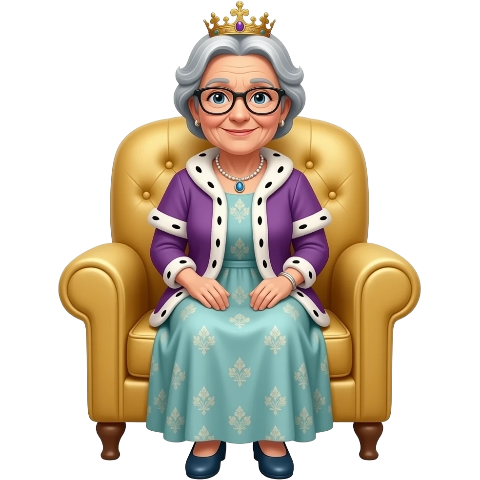 Nonna seduta su una poltrona d’oro con una regina emoji