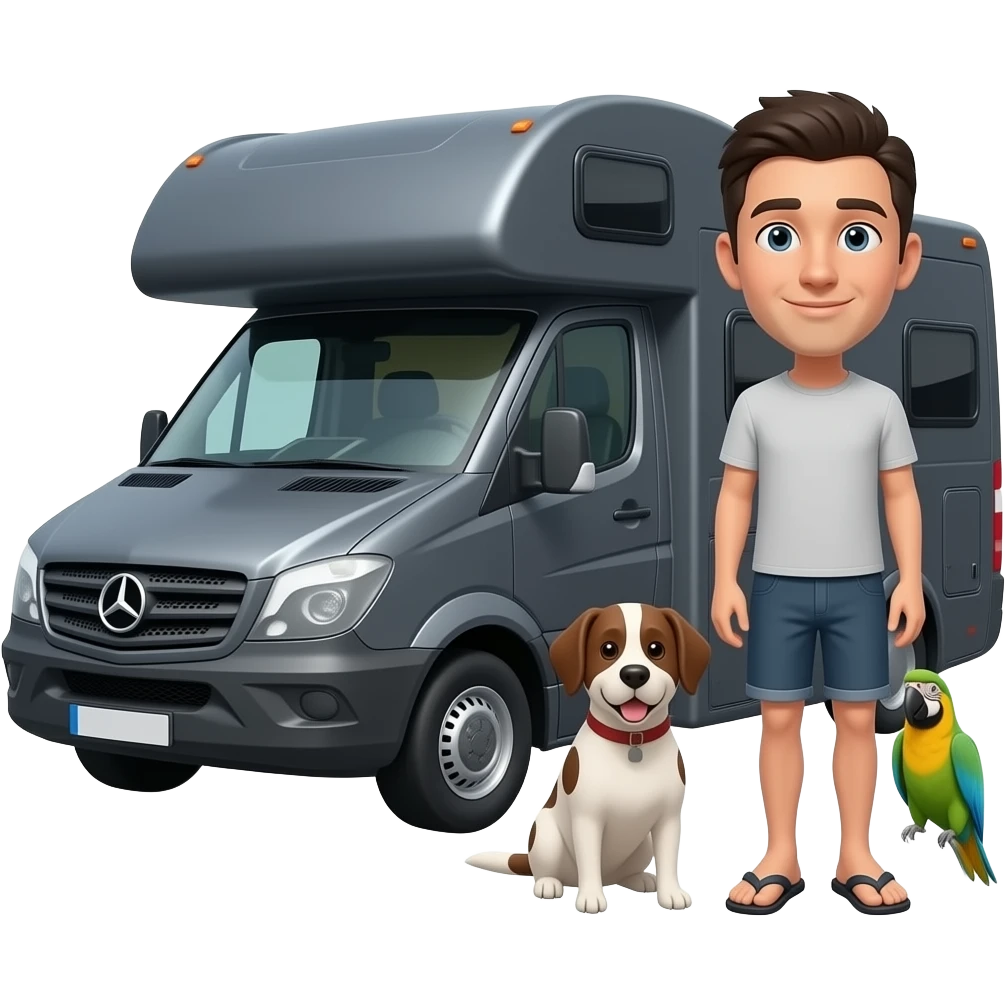 Slim very short dark haired man in shorts and flip flops standing next to a dark grey Mercedes low roof style rv with a dog and parrot emoji emoji