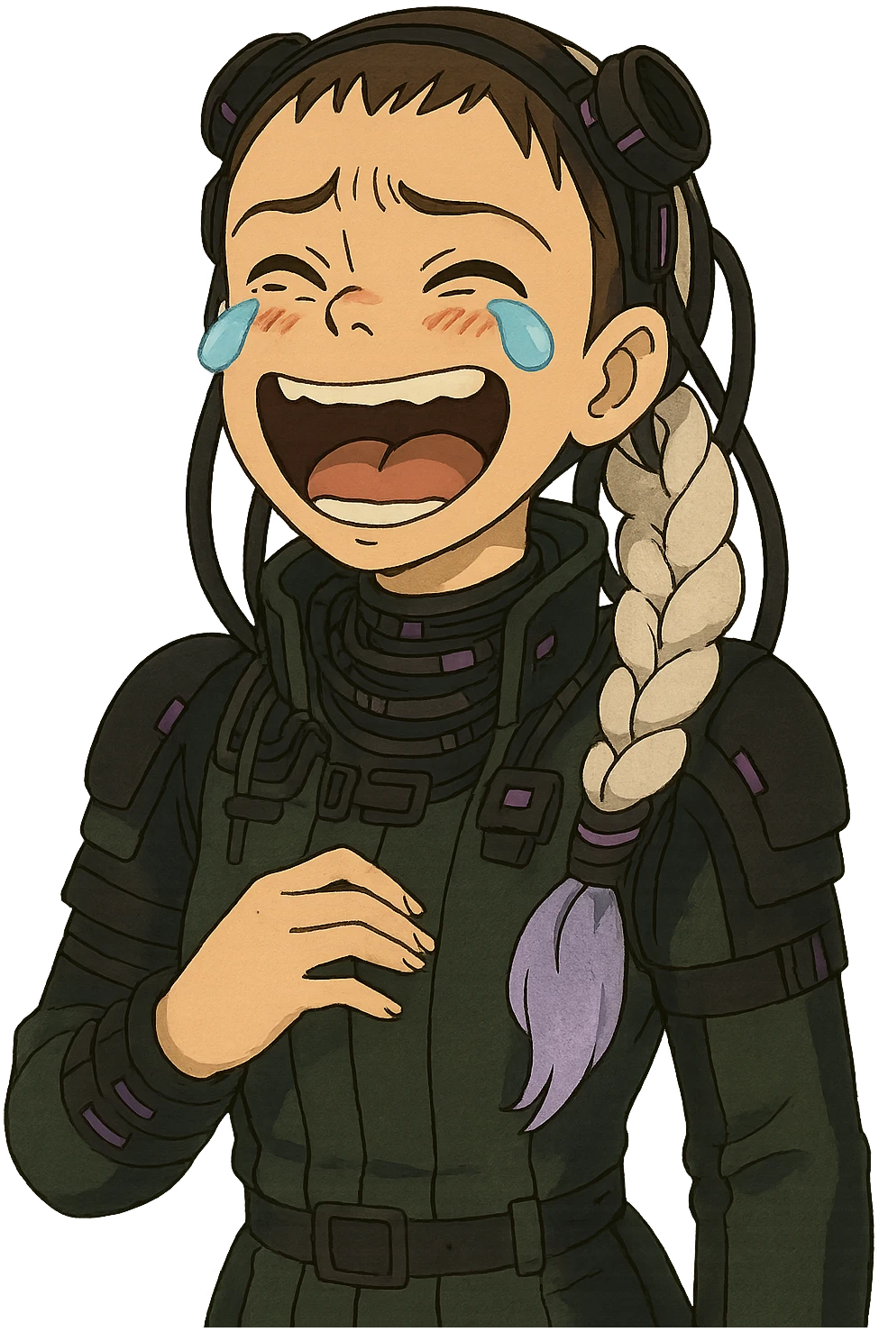 1 female, white braid with lavender tips. Cybergoth futurepunk, crying from laughter, “wheeze emoji” facial expression  emoji