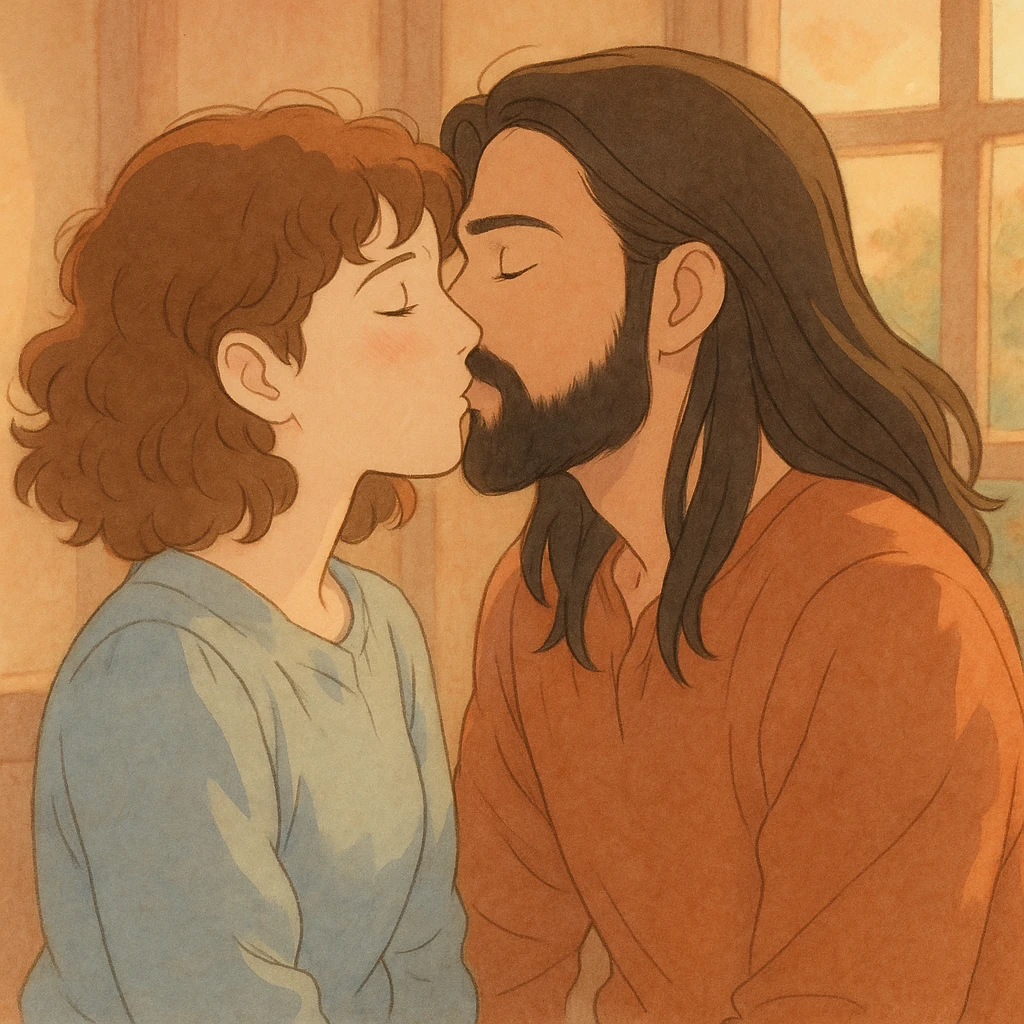 ghibli style of a white woman with curly brown hair and a white man with long hair and black beard kissing, warm light emoji
