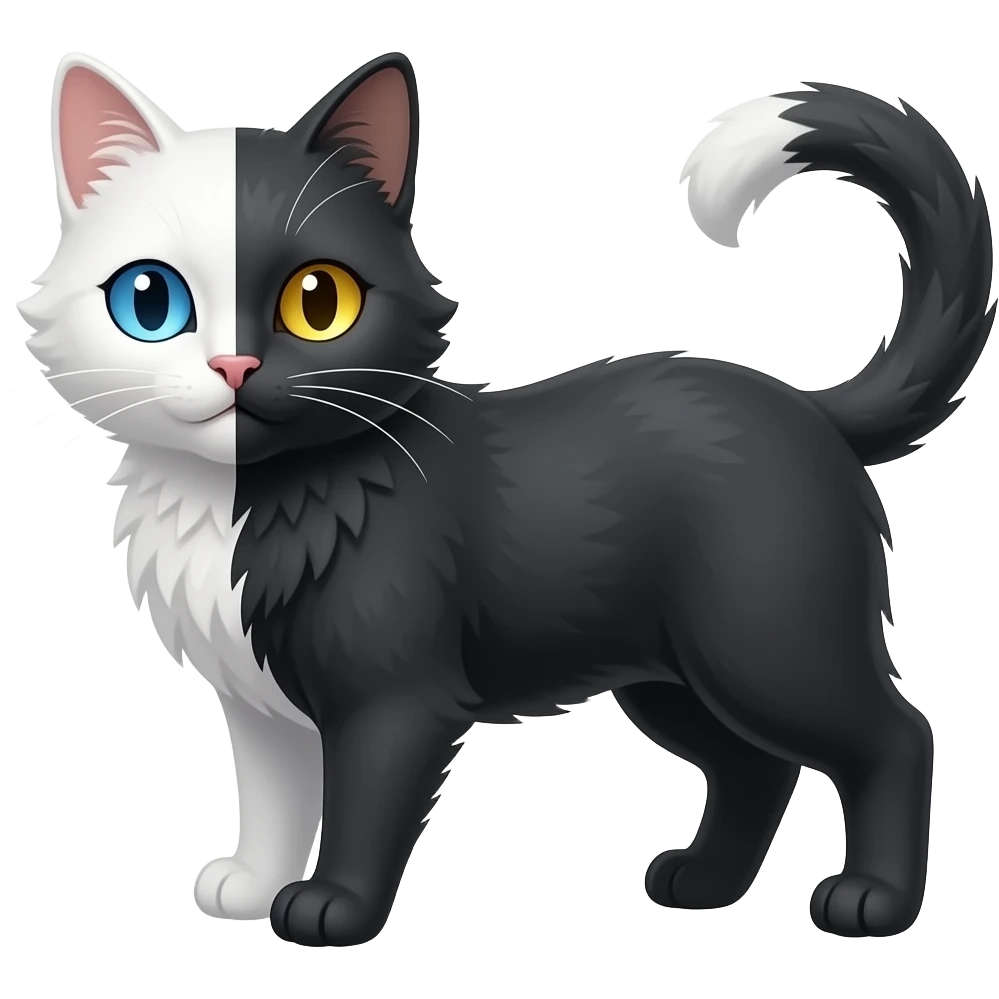 Chimera cat; one sad is white with blue eye, the other side is black with golden eye emoji