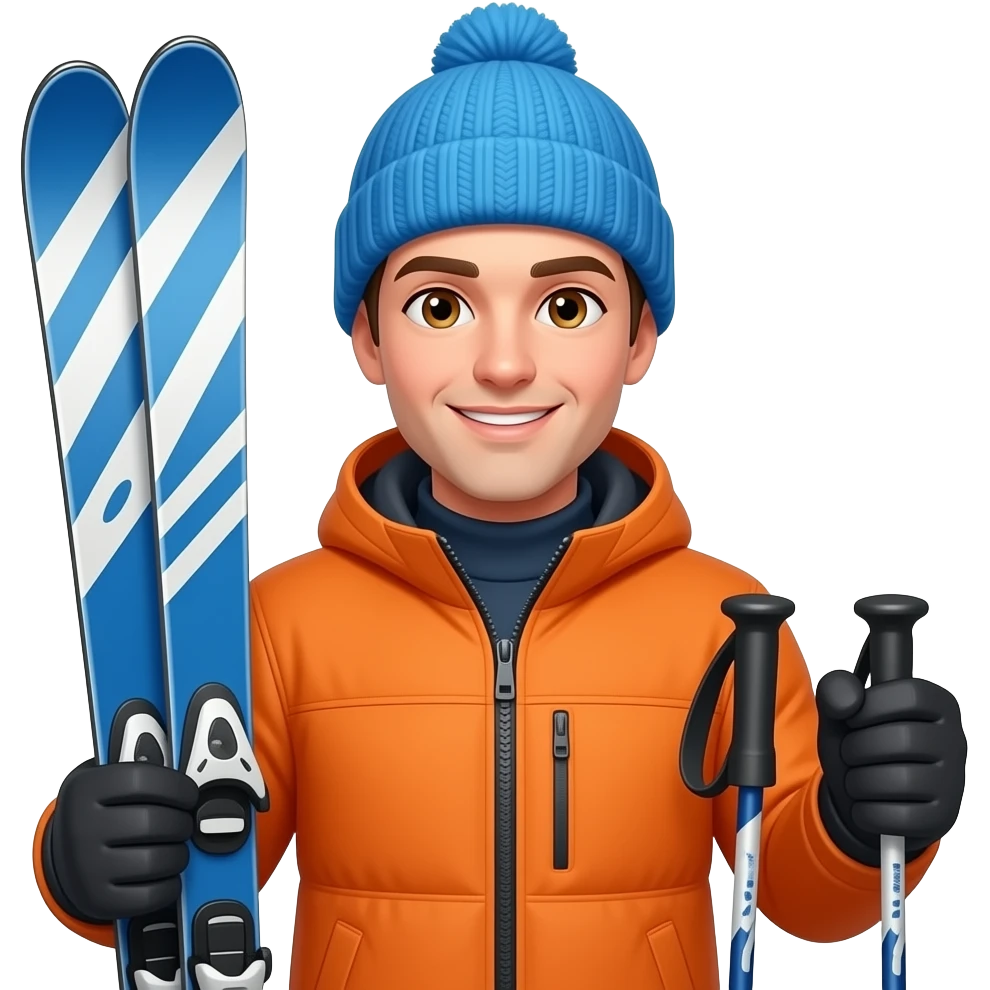 man, clean shaved, holding blue and white patterned skis in one hand and pair of poles in the other, no helment, hazel eyes, organge jacket, bright blue wooly hat emoji
