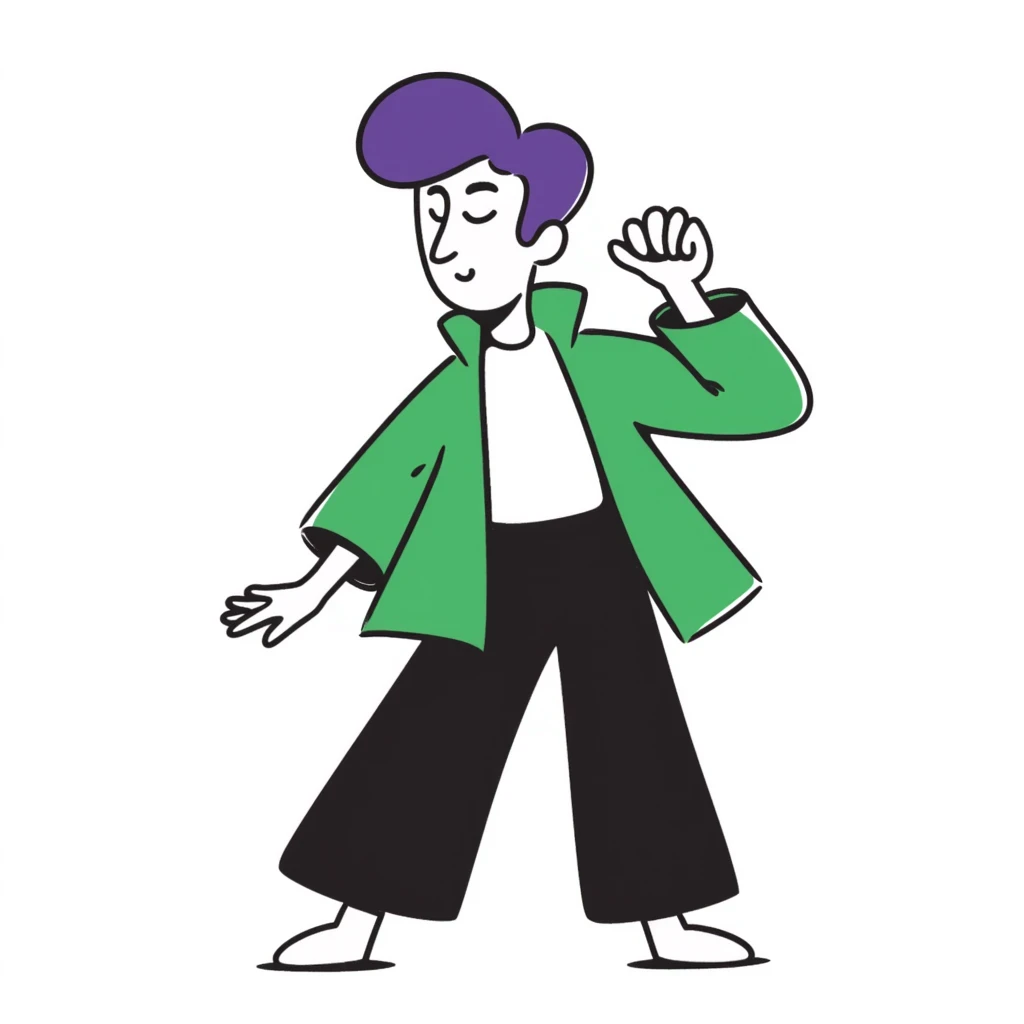 Man with stylish green jacket and purple hair, strong pose, bold expression, modern clothing style emoji