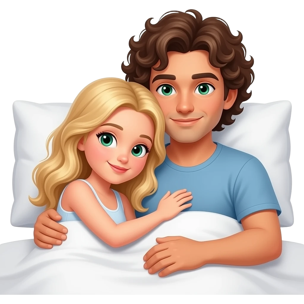 White girl blonde long hair snuggling in bed with brown guy curly hair green eyes emoji