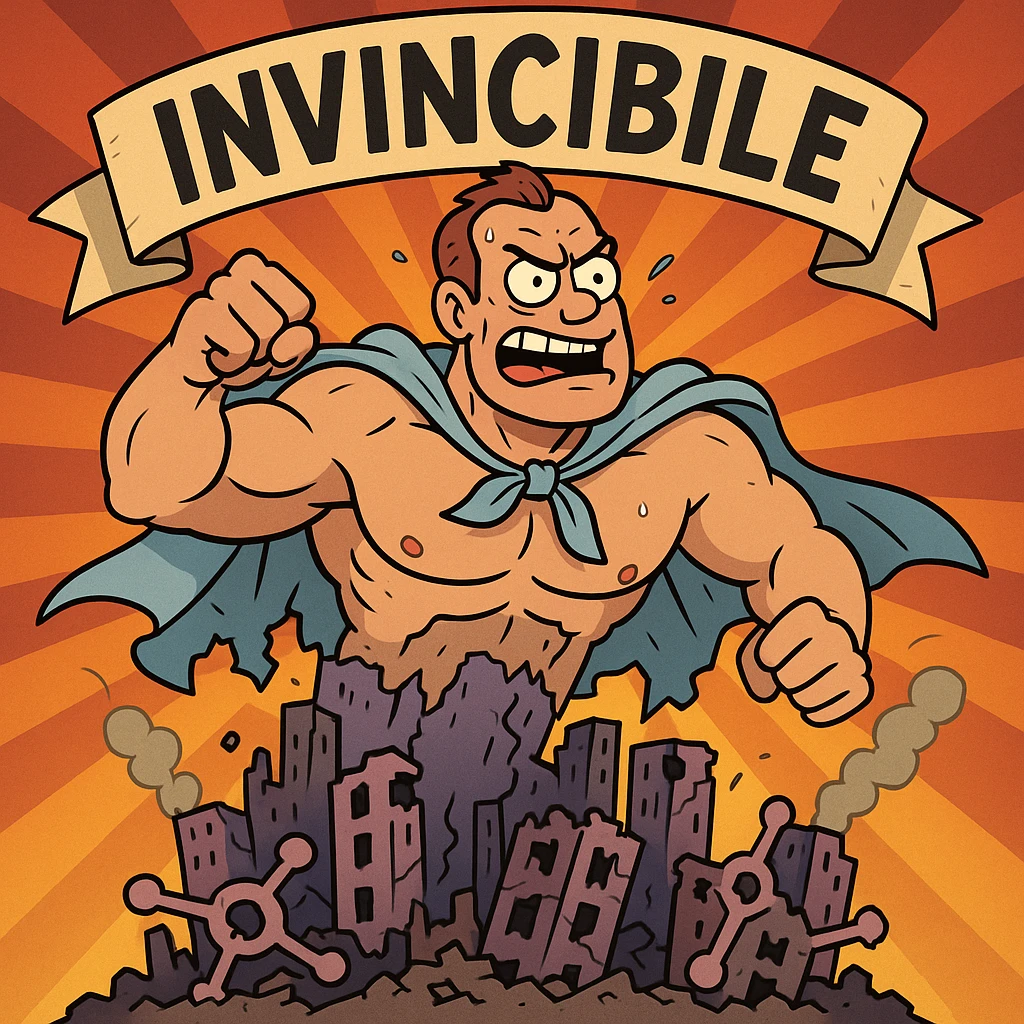 comic-book style muscular bodybuilder bursting through a banner that says 'INVINCIBILE', wearing a medical gown as a cape, saving a symbolic city representing his crumbling psyche with buildings shaped like ruined neurotransmitters, dramatic colorful dynamic composition emoji
