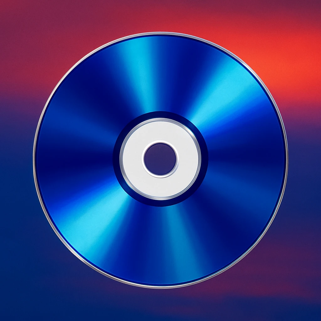 Create a realistic style CD emoji with a shiny, reflective surface. The CD should be centered on a background that blends the deep blue and vibrant orange gradient colors from the second reference image. Match the realistic look of the first image while incorporating the specified blue and orange gradient background. emoji