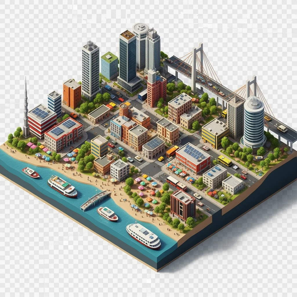 Isometric miniature of Lagos Nigeria 3D miniature effect and Tilt Shift effect, no cartoonish look, transparent background, don't cut angles emoji