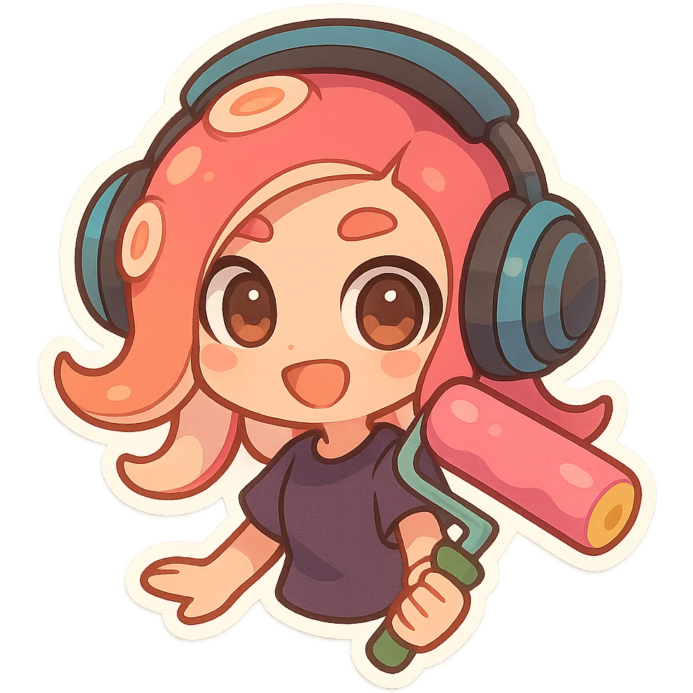 cute chibi octoling with headphones and a paint roller, Splatoon-inspired, adorable, colorful, playful emoji