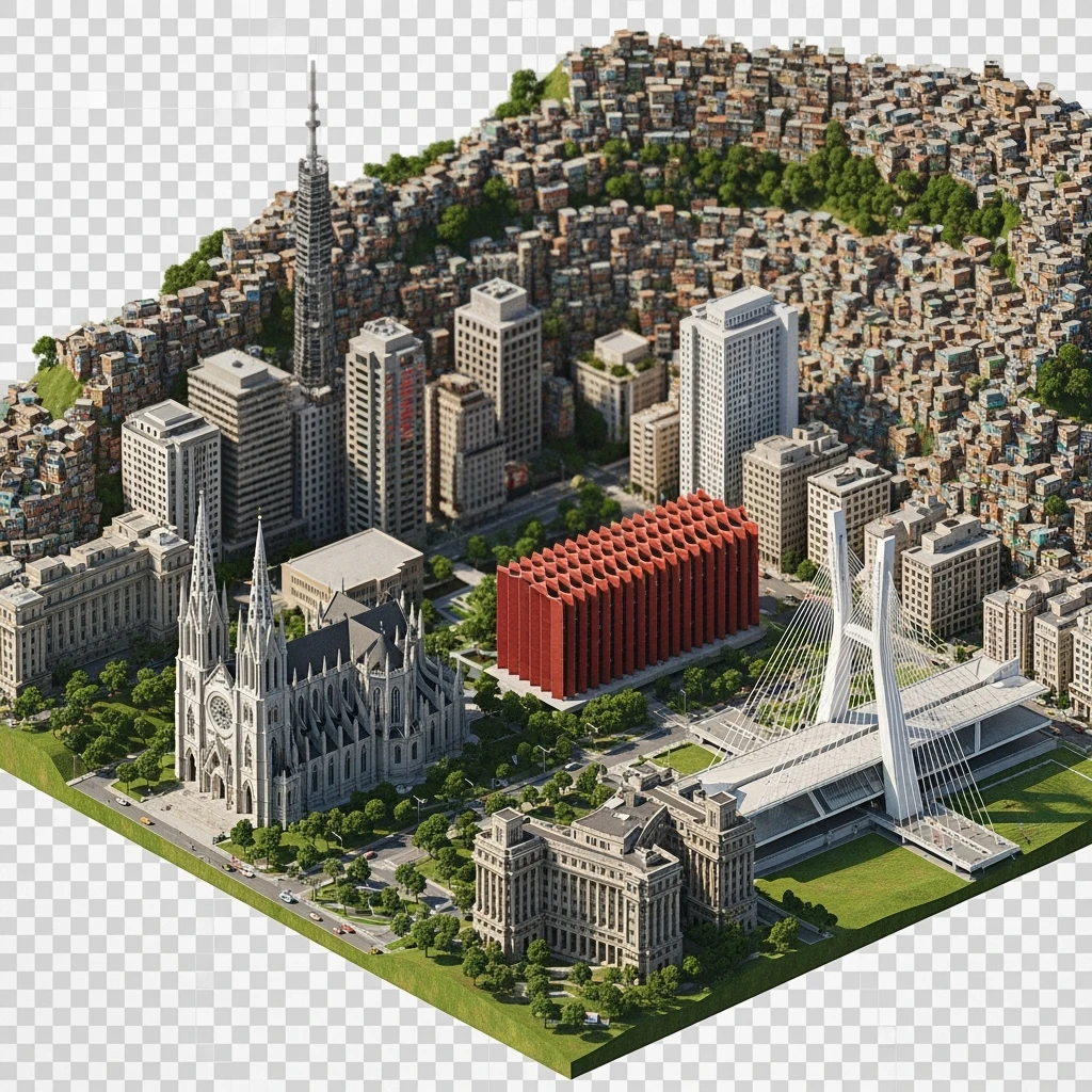 Isometric miniature of São Paulo Catedral da Sé, photorealistic MASP, Octávio Frias Bridge, and Altino Arantes building, favelas on hillsides, dense chaotic urban blocks, and green parks 3D miniature effect and Tilt Shift effect, no cartoonish look, transparent background. emoji