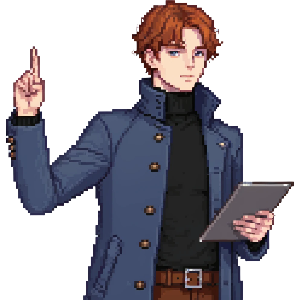 Flat pixel art, bold and charismatic male leader, Caucasian, short auburn hair, sharp eyes, indigo coat over black turtleneck, one arm raised pointing out, holding tablet, waist-up, front-facing emoji