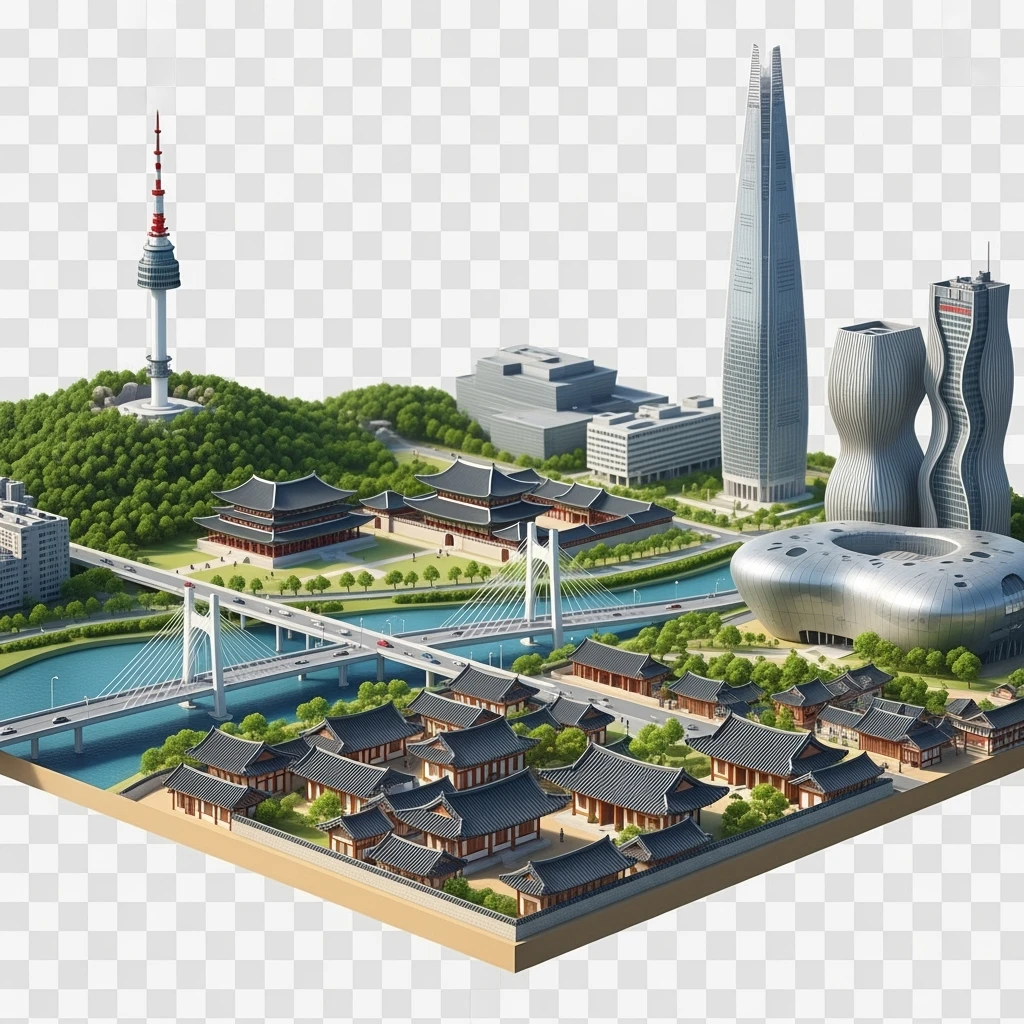 Isometric diorama of Seoul typical houses, Namsan Seoul Tower, Gyeongbokgung Palace, Lotte World Tower, Dongdaemun Design Plaza, and Han River bridges, 3D miniature effect and Tilt Shift effect, no cartoonish look, transparent background. emoji