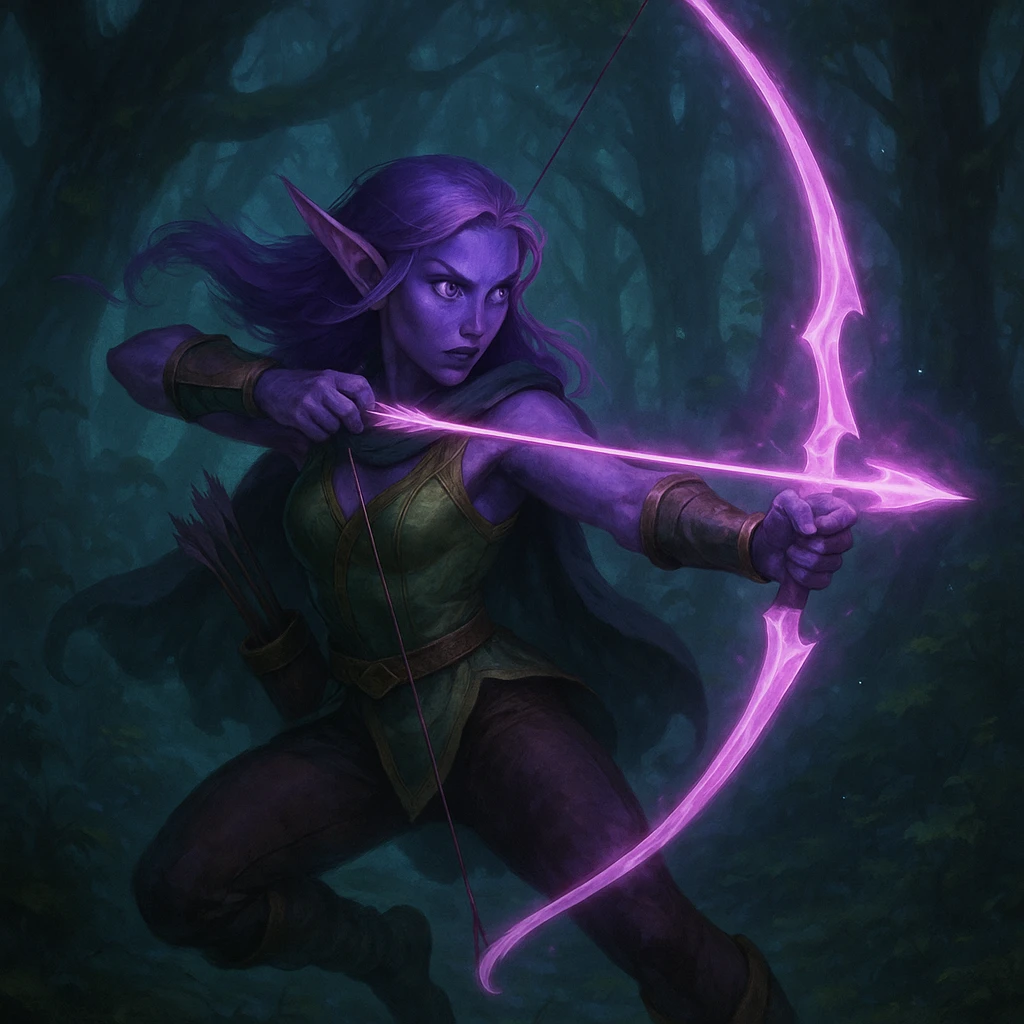 purple fantasy elf archer, dynamic pose, glowing bow, mystical forest background emoji
