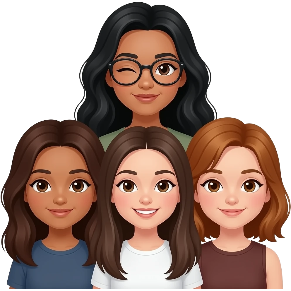 3 girls, one: black long wavy hair, tan, brown eyes, round black glasses, winking , two: brown long straight hair, hazel eyes, white skin, happy expression, three: hazel eyes, brown-ginger mid length hair, smirking emoji