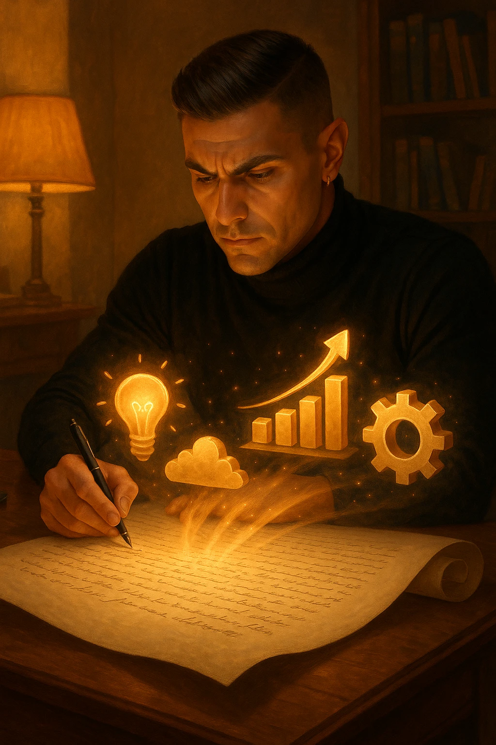 Un uomo concentrato, seduto alla sua scrivania in una stanza con luce calda, sta scrivendo su un enorme foglio di carta che si espande magicamente davanti a lui. Mentre scrive, le parole si trasformano in elementi visivi tridimensionali che rappresentano le soluzioni ai suoi problemi in italiano emoji