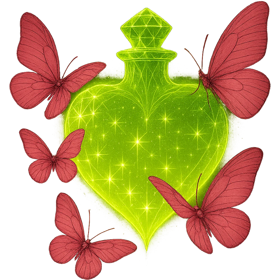 Refine the glow so it stays close to the bottle and butterflies, making it look magical and luxurious but not spreading far outside the bottle. The glow should enhance the crystal and liquid effect, avoiding any harsh or messy edges behind the bottle. Keep the crystal neck, #c0ff53 liquid, pink butterflies, magical dust, and transparent background (PNG). emoji