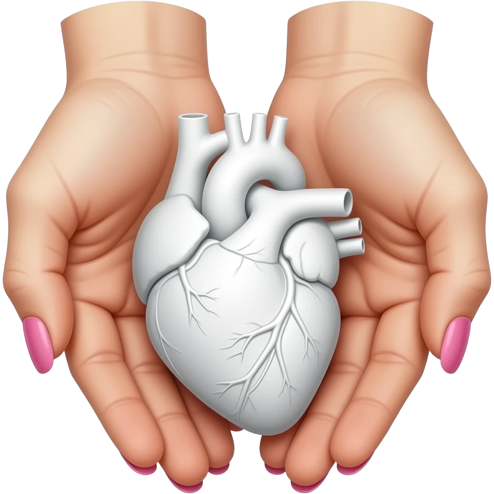 руки с длинным маникюром нежно-розовооо цвета от первого лица по локоть держат анатомическое сердце белого цвета emoji