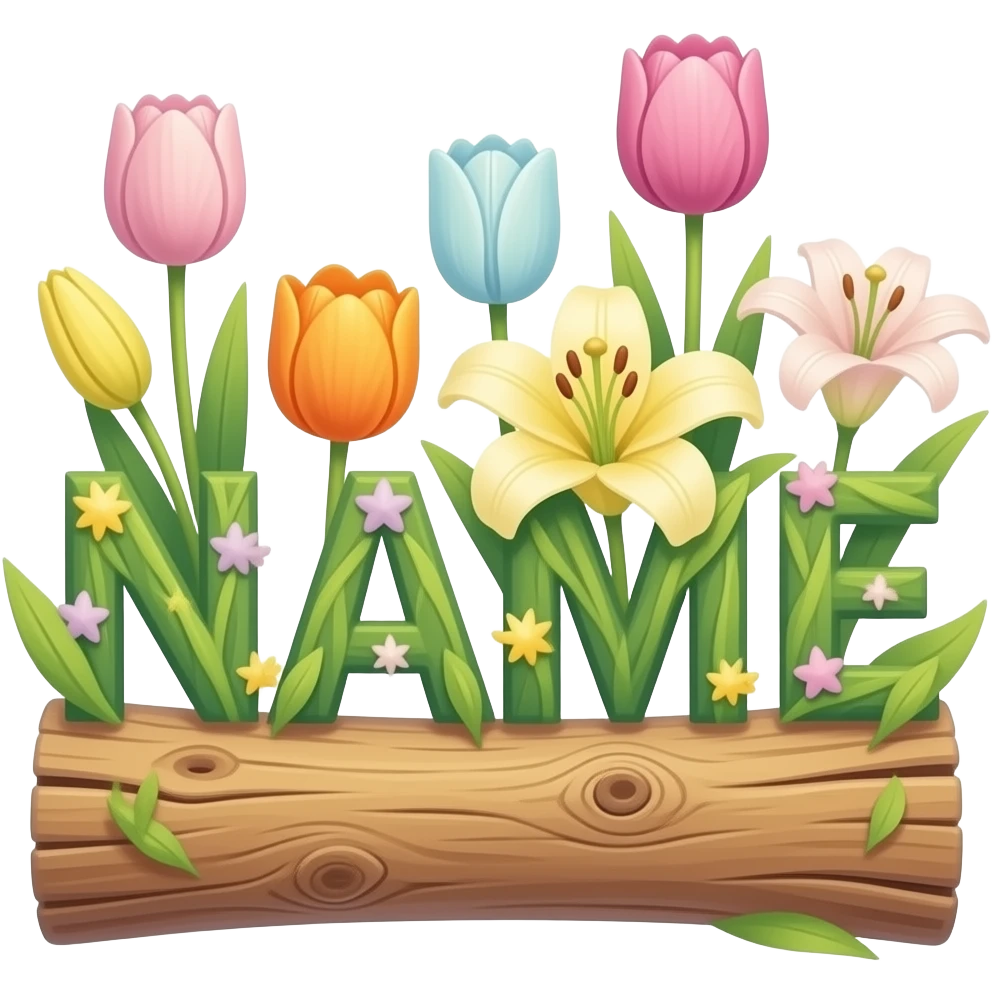 A text 'NAME' formed from tree wood bar. Vibrant tulips and lilies bloom from the letter, each flower center glowing like a tiny star. Dreamy atmosphere, hyper-realistic, soft pastel colors emoji