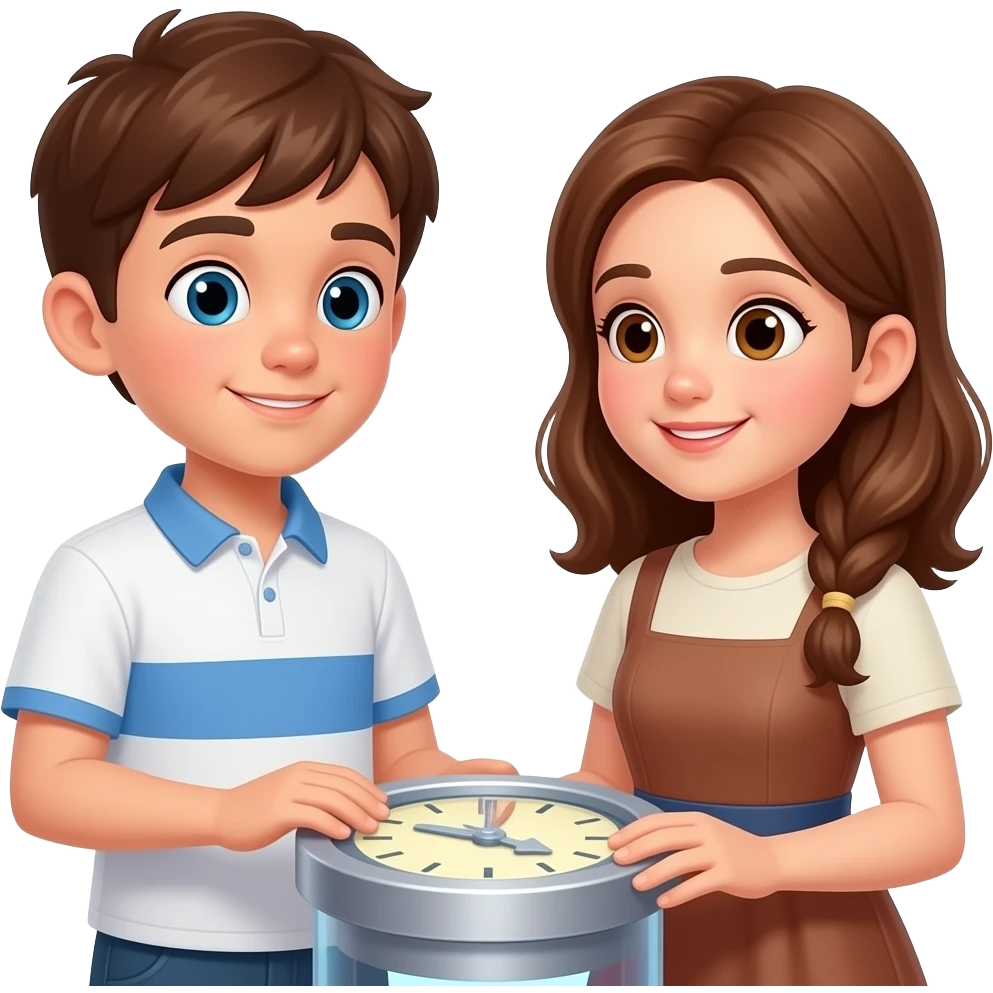 hacme una maquina del tiempo con un chico y una chica tocando la maquina del tiempo, la chica medio castanya con un peto de vestido i el chico castanyo con camiseta blanca y una raya azul emoji