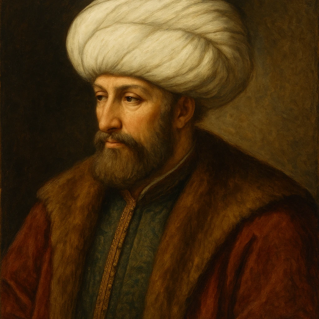 Fatih Sultan Mehmet, Ottoman sultan, wearing a turban and traditional robes, regal and wise expression, historical painting style emoji