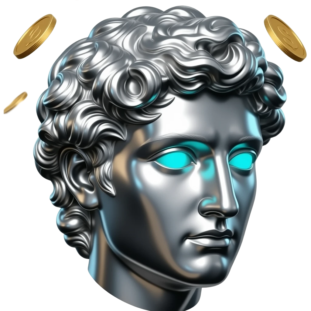 A polished chrome stoic Greek statue head with glowing cyan (#00D4B1) eyes, dark background. Metallic reflections with subtle cyan light accents. with gold coins falling in the background emoji