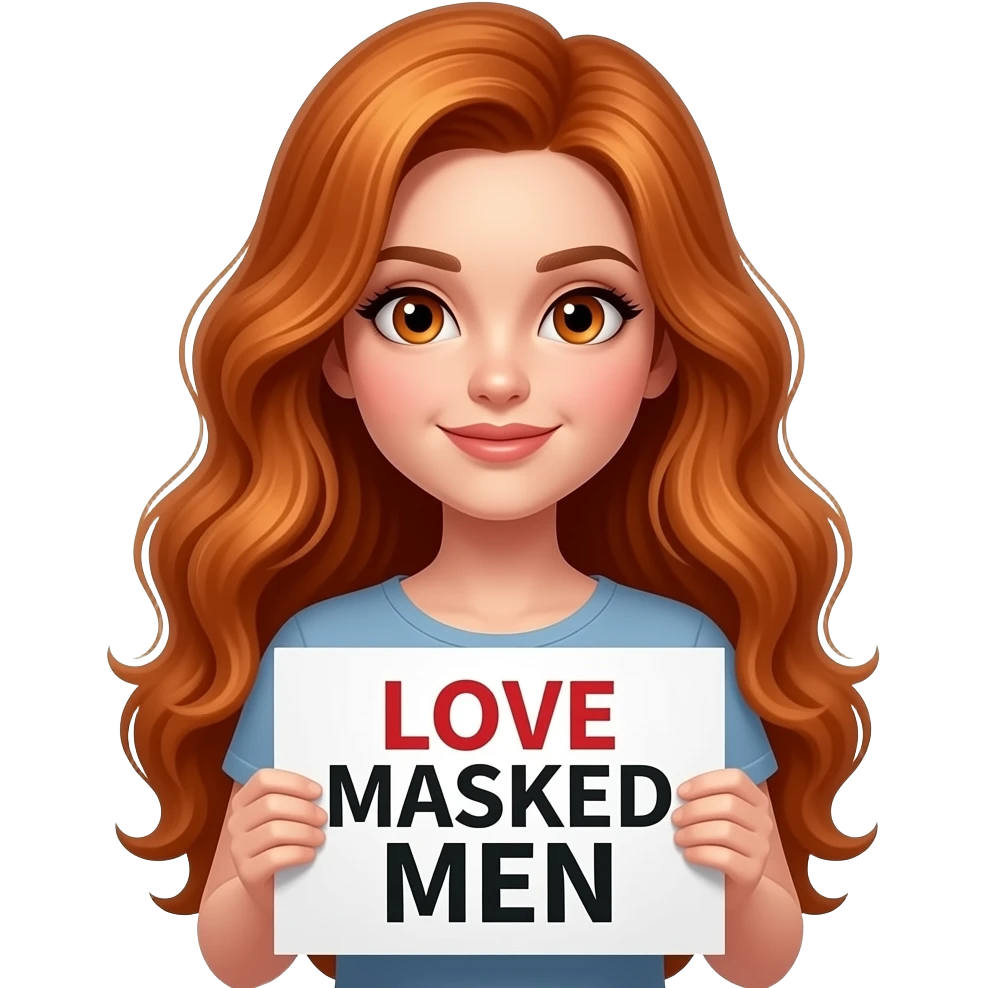 sexy girl with long wavy ginger hair and ginger eyes wearing a top is holding a LOVE MASKED MEN sign emoji