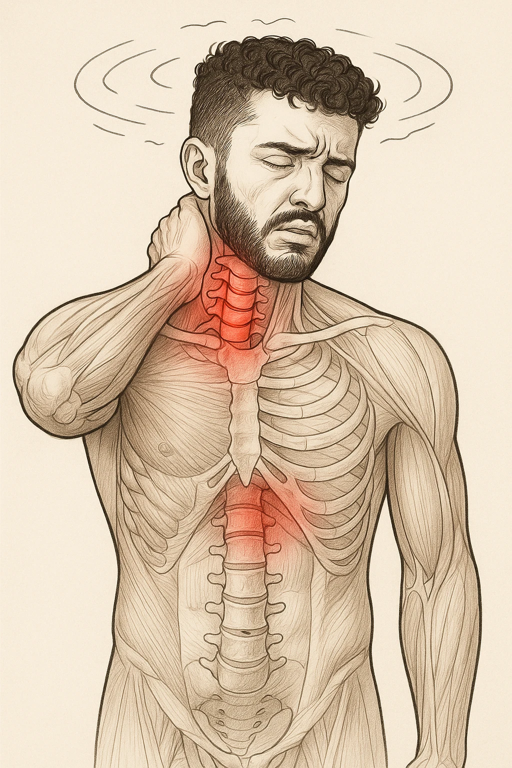 Uomo con dolore per infortunio vista anatomica in piedi con dolori cervicali vertigini e sbandamenti emoji