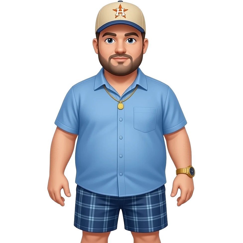 Chubby man with apricot skin tone with lightly shaved black beard wearing a blue button down short sleeve shirt with matching shorts with square pattern designs wearing an all beige color Huston Astros logo baseball cap wearing a gold tennis necklace and a gold wrist watch pointing up emoji