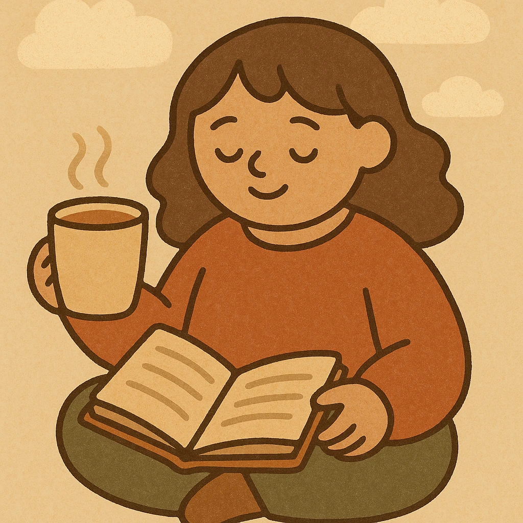 girl reading a book and drinking a cup of tea, soft illustration, cozy atmosphere emoji