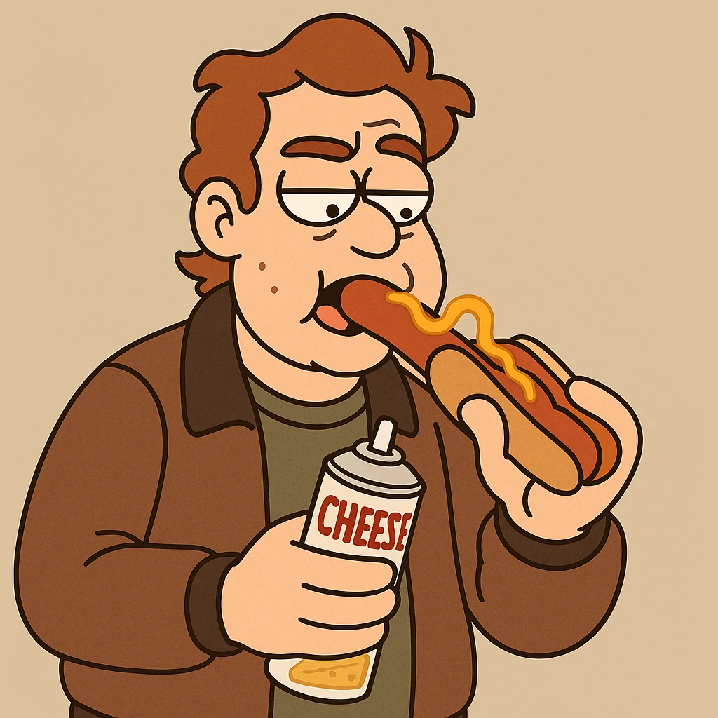 A jacket hand holding cheddar cheese can eating the the sausage emoji