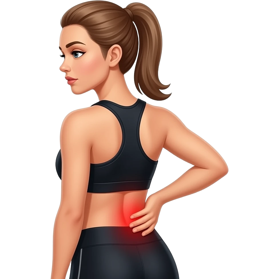 back pain, red glow on lower back, fair-skinned woman, ash brown brows, ash light brown hair tied back, slim athletic body, black workout set emoji