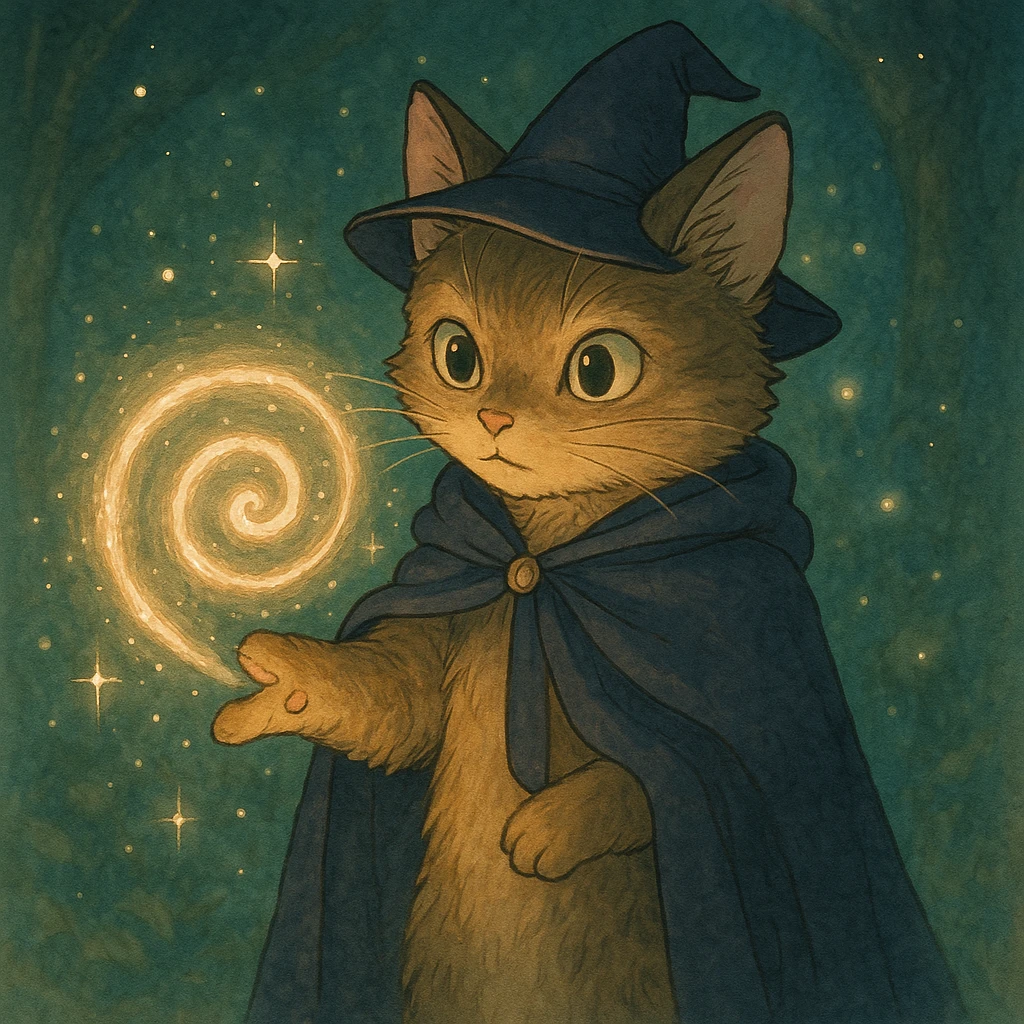 cat magician conjuring a spiral, ghibli style emoji