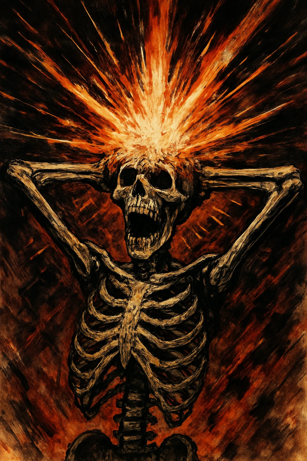 skeleton with hands behind head, head bursting in an energetic explosion, expressive and dramatic emoji