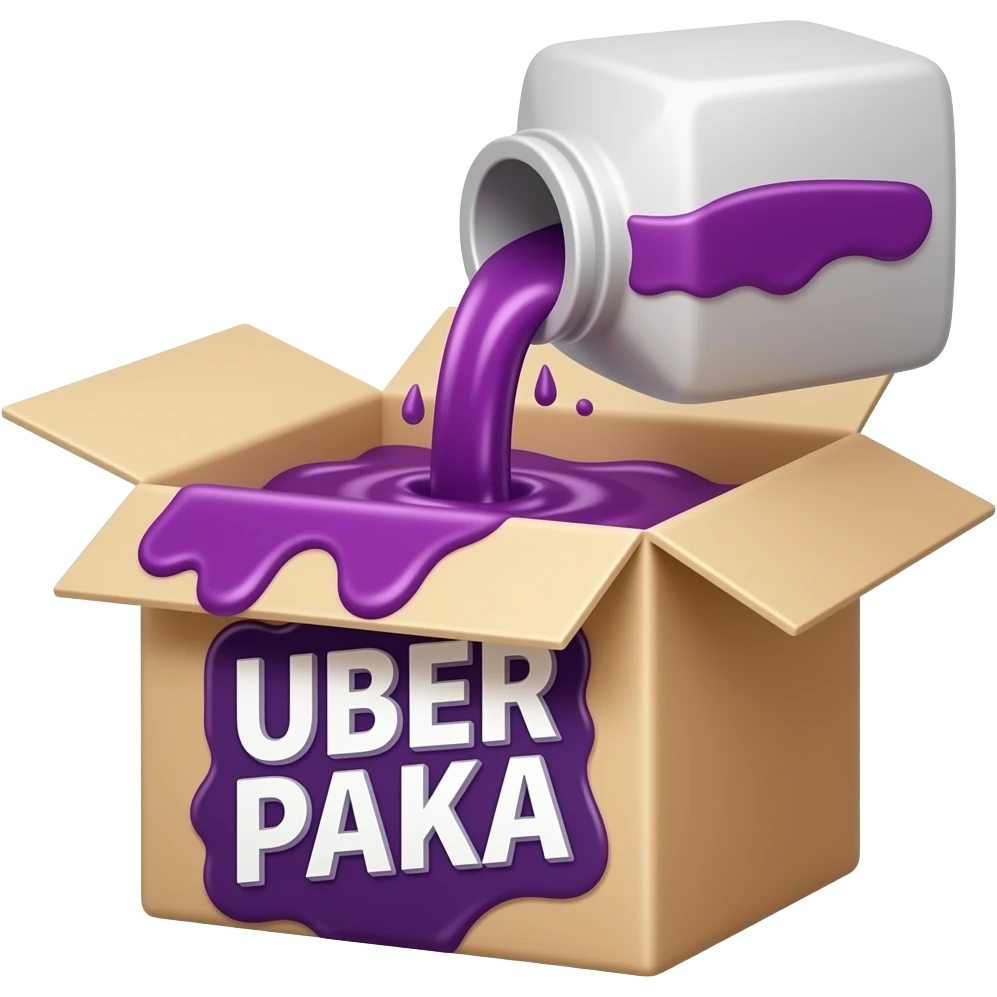 a box from which purple syrup is poured, with a large and legible inscription "UBER PAKA" on the front emoji