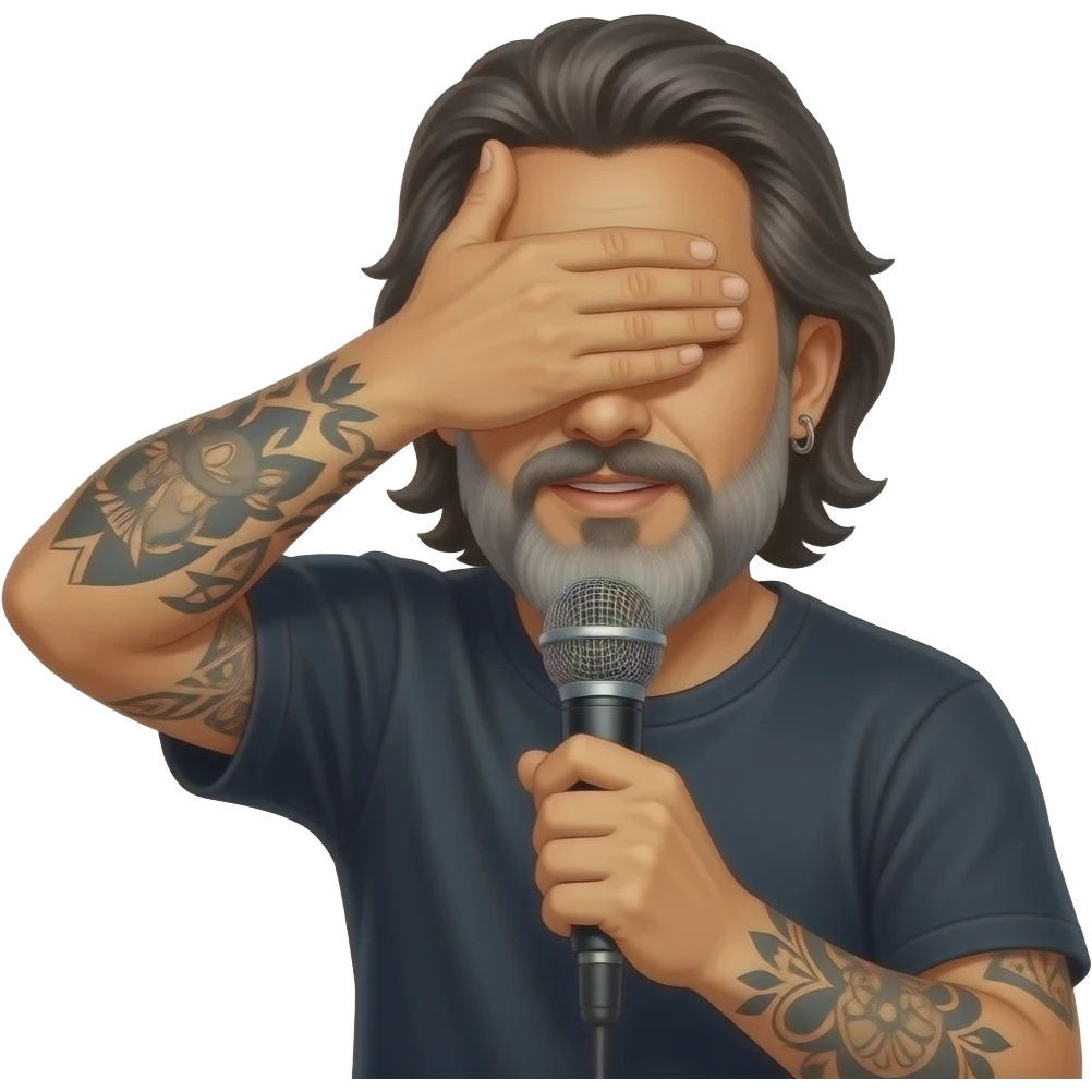 The handsome Latino podcast host with medium length hair, a long graying beard and tattoos, his ear pierced and right nostril as well, covering his eyes emoji
