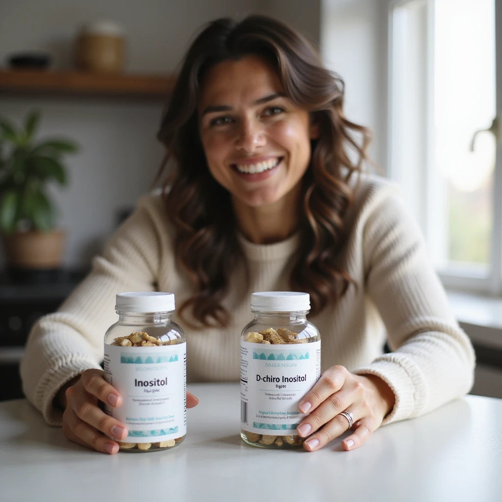 realistic photograph of a woman sitting at a table, smiling while customizing the dose of Myo-Inositol and D-chiro-Inositol, two separate packages with clear labels, bright domestic environment, positive atmosphere, natural light emoji