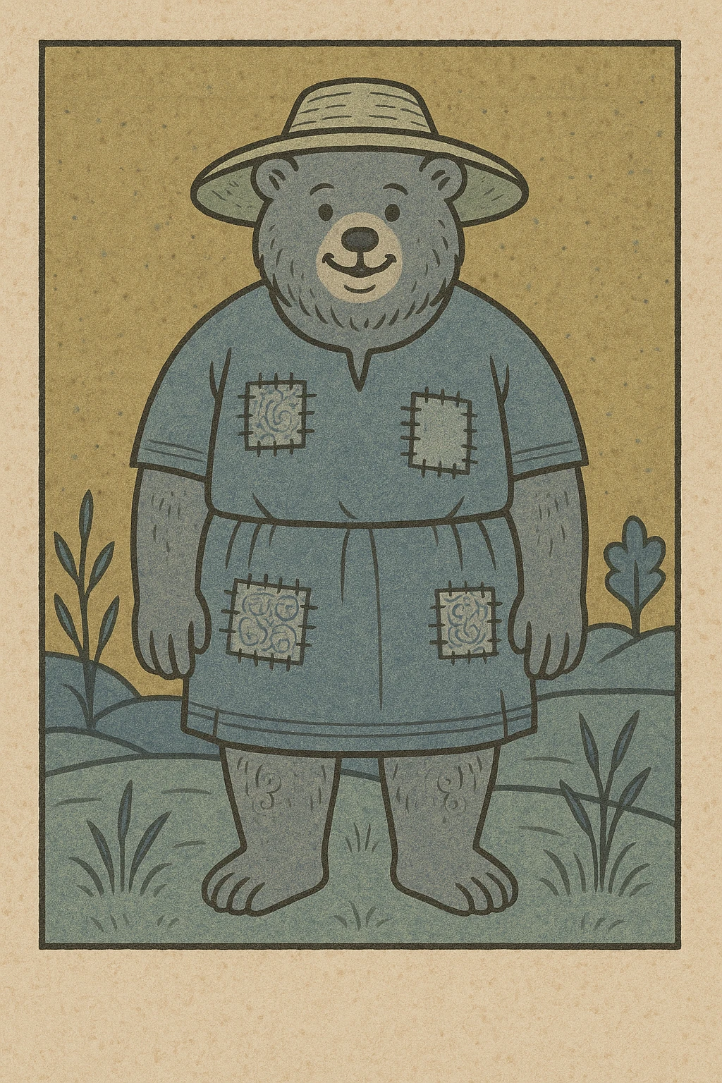 chubby bear as a village peasant, patched tunic, straw hat, cheerful demeanor, standing in a field emoji
