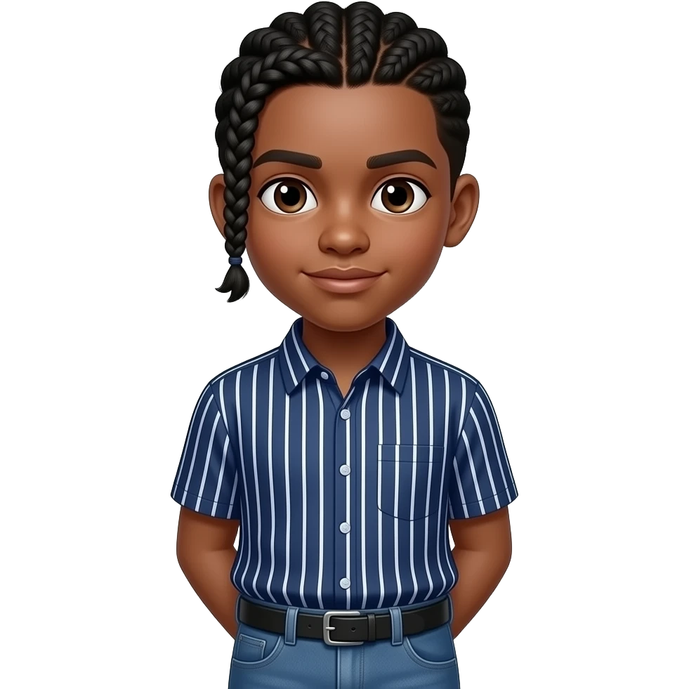 African American teenage boy with half his hair braided in a single cornrow braid and the other half sticking up unbraided wearing a navy blue button up shirt with white vertical stripes wearing denim jeans emoji