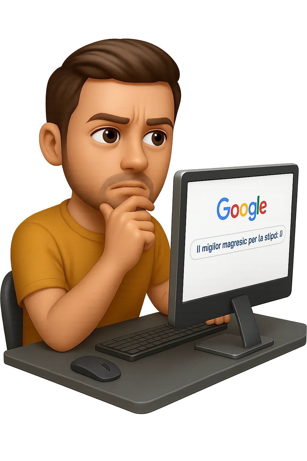 emoji stile iphone di un uomo davanti al pc che cerca di google: "Il miglior magnesio per la stipsi", iperrealistico 4k emoji