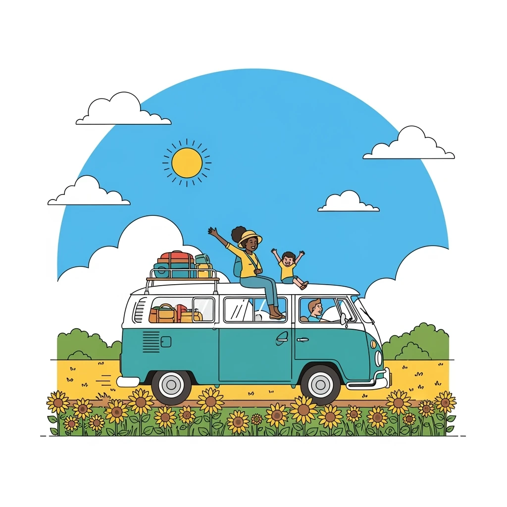color vector art with thin outline of family on road trip with volkwagon van  emoji