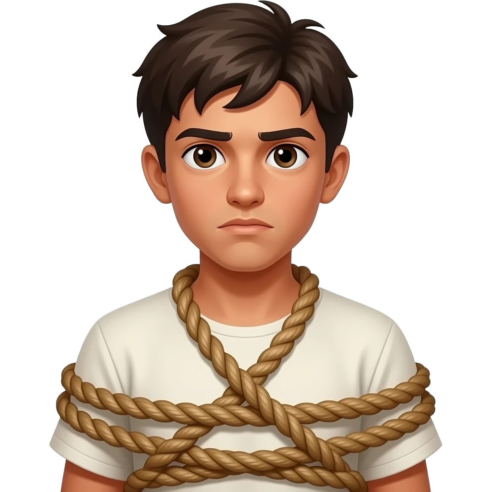 an ancient hebrew teenage boy fastened with ropes to his whole body having doubtful facial expressions emoji