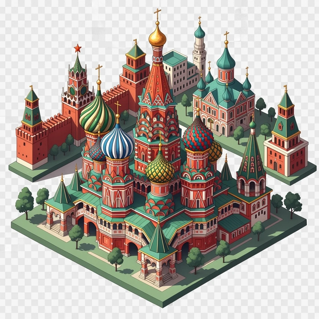 Isometric illustration of Moscow, featuring photorealistic Saint Basil's Cathedral with colorful onion domes, highly detailed in semi-realistic style, balanced between stylized and realistic, 3D miniature effect with a slight hand-painted touch - transparent background emoji