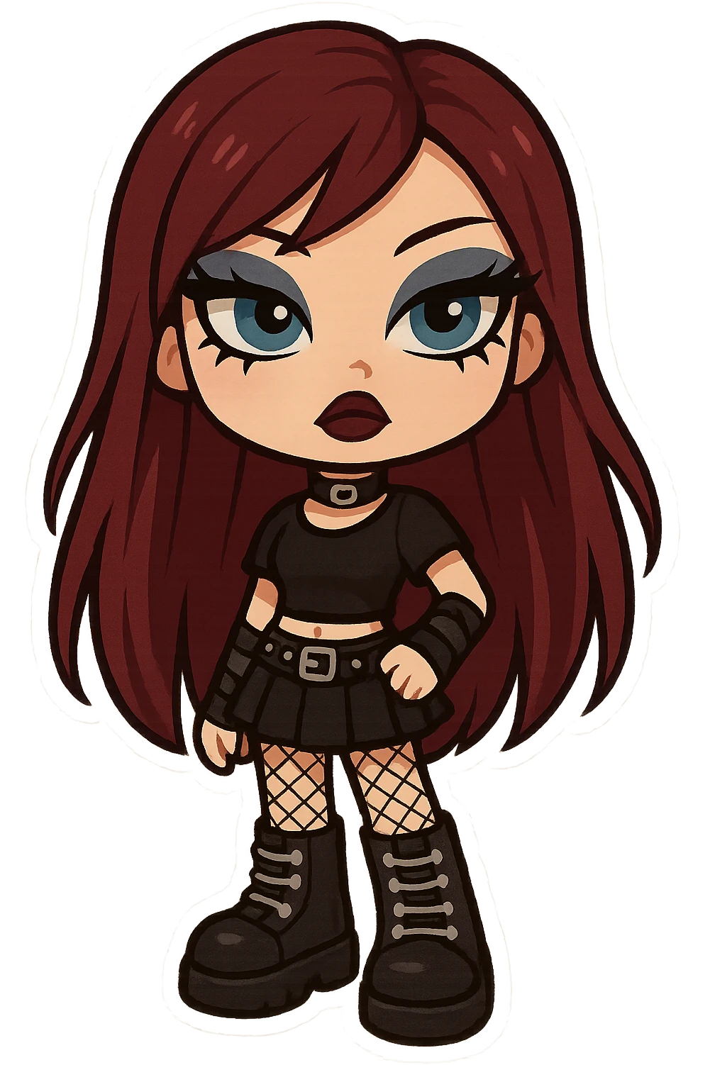 bratz-inspired emo girl, burgundy long hair, pale skin, blue eyes, dramatic eyeliner, alternative fashion, chibi sticker style emoji