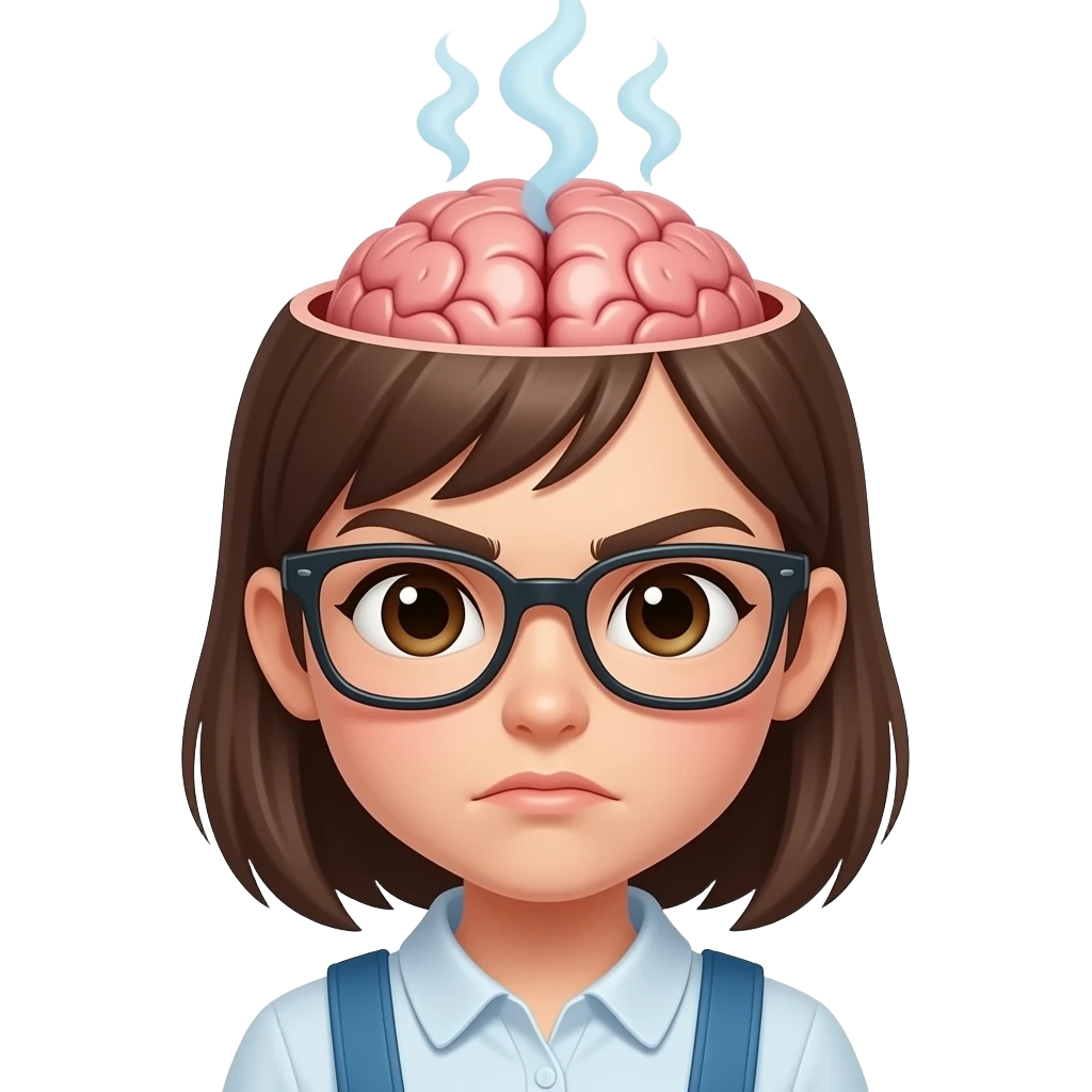 GIRL WITH UPPER HEAD OPEN WITH VISIBLE BRAIN AND STEAM FROM HER HEAD BUT MAKE HER FACE LOOK LIKE SHES HARD WORKING AND ADD GLASESSES emoji