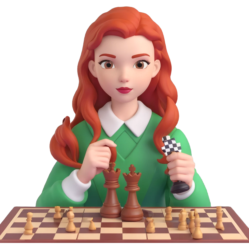 Anya Taylor-Joy from Queen's Gambit, red hair, chessboard, holding a chess piece emoji