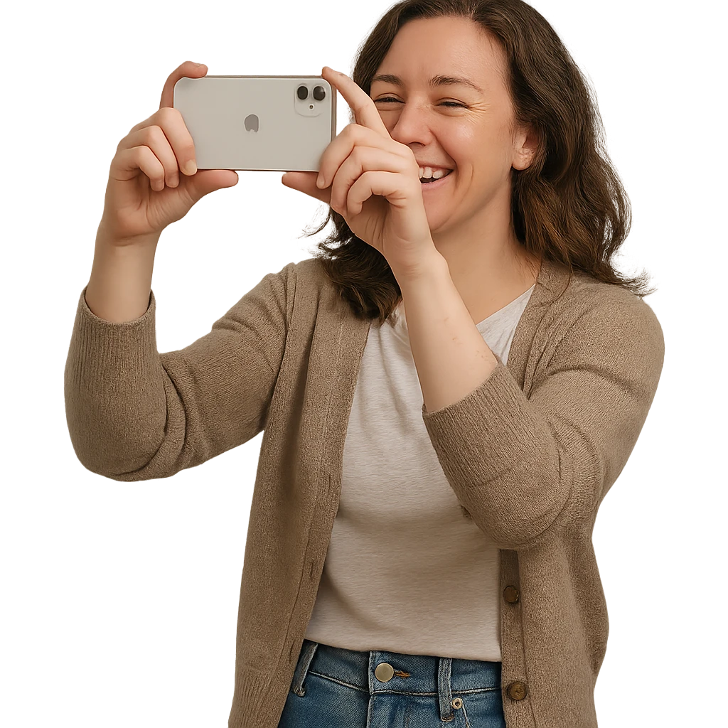 a woman photographing something with an iPhone, candid moment, relaxed outfit, cheerful mood emoji