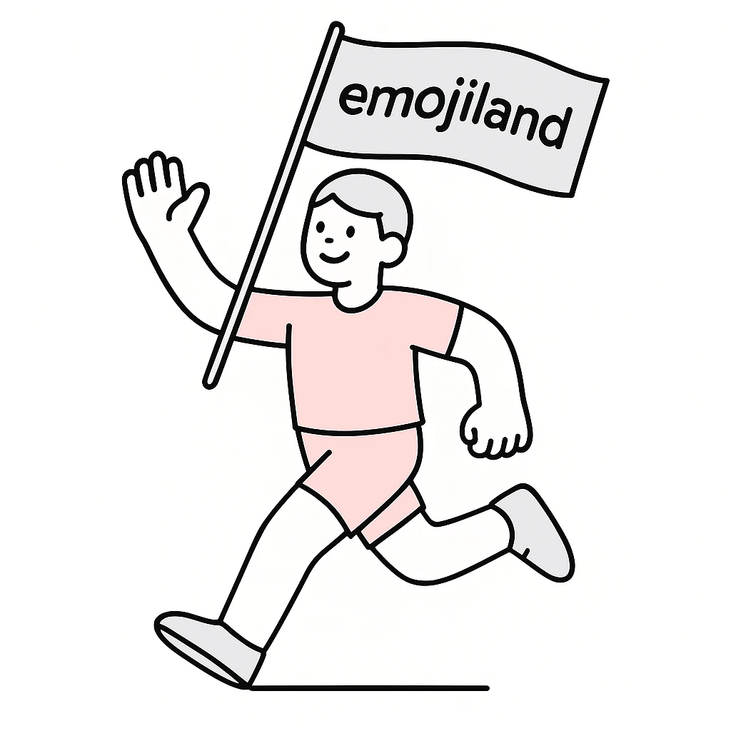 happy runner waving a flag that says 'emojiland' emoji