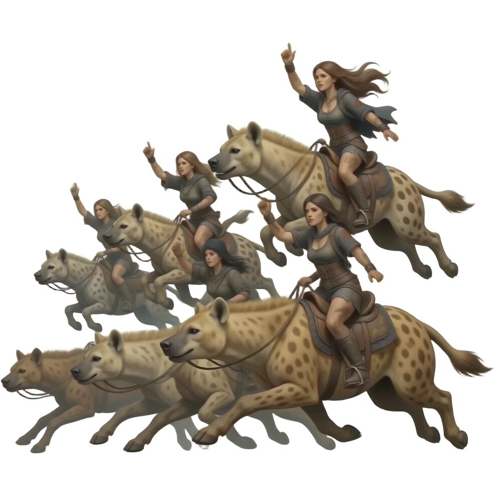 steampunk - four skinny and dirty female riders of the apocalypse ride leaping on large tattooed hyenas in a messy composition emoji