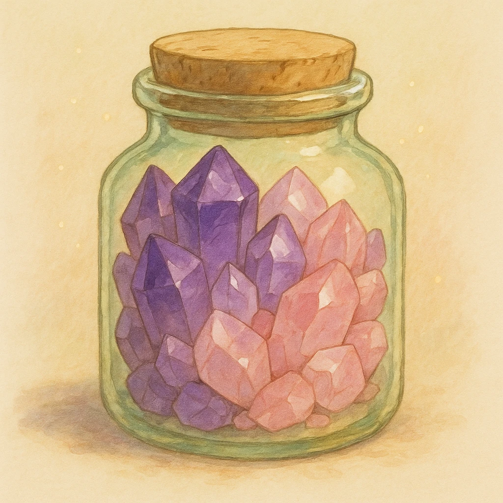amethyst and rose quartz crystal pieces in a jar, natural colors, soft, fairy-like atmosphere, no background, square size emoji