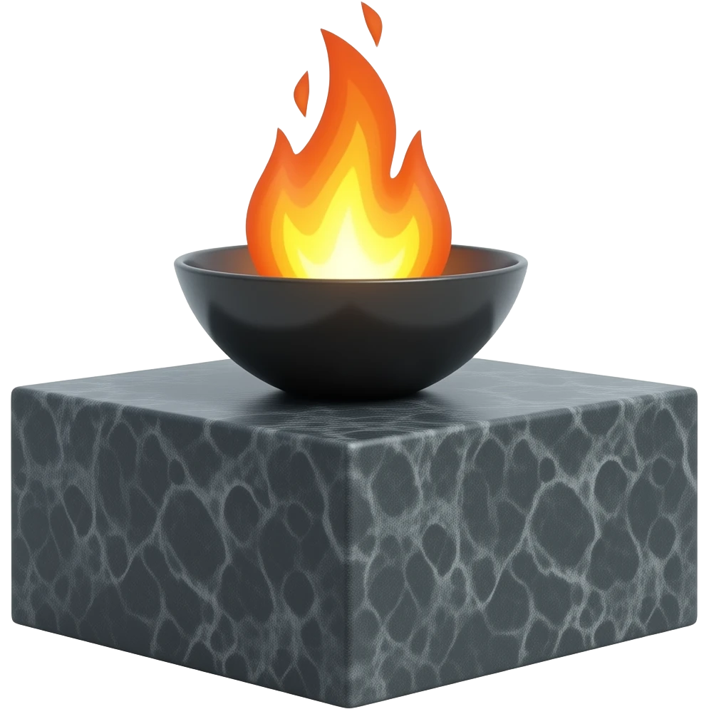 A minimalist black stone pedestal with a tall rectangular base and a shallow black bowl on top, designed as a modern torch or brazier. Bright huge flames rise from the bowl emoji
