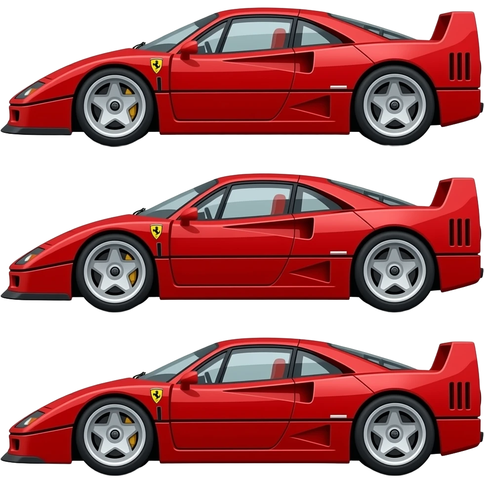 ferrari f40, perfect proportions of wheels and tires, front end and rear end and middle of car compressed like a cartoon drawing, exaggerated emoji